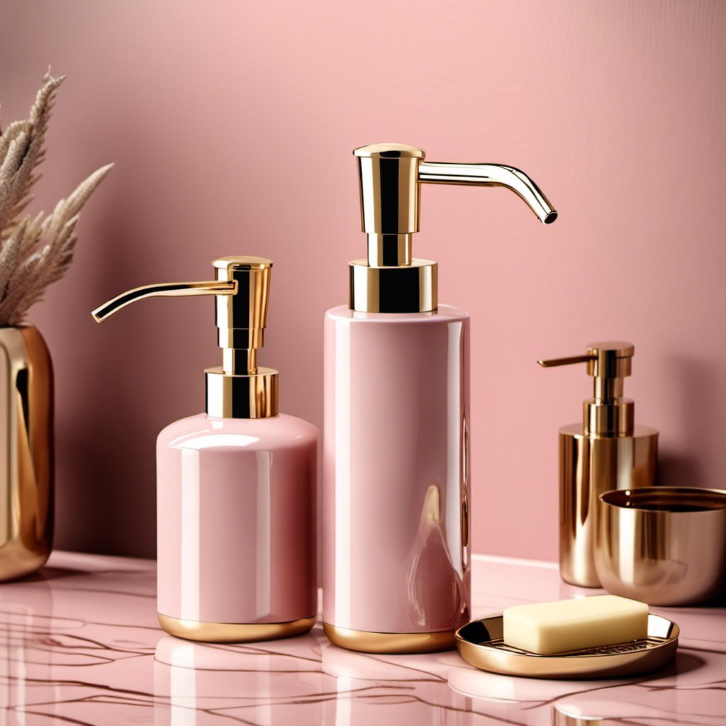 shiny gold soap dispenser on pink countertop