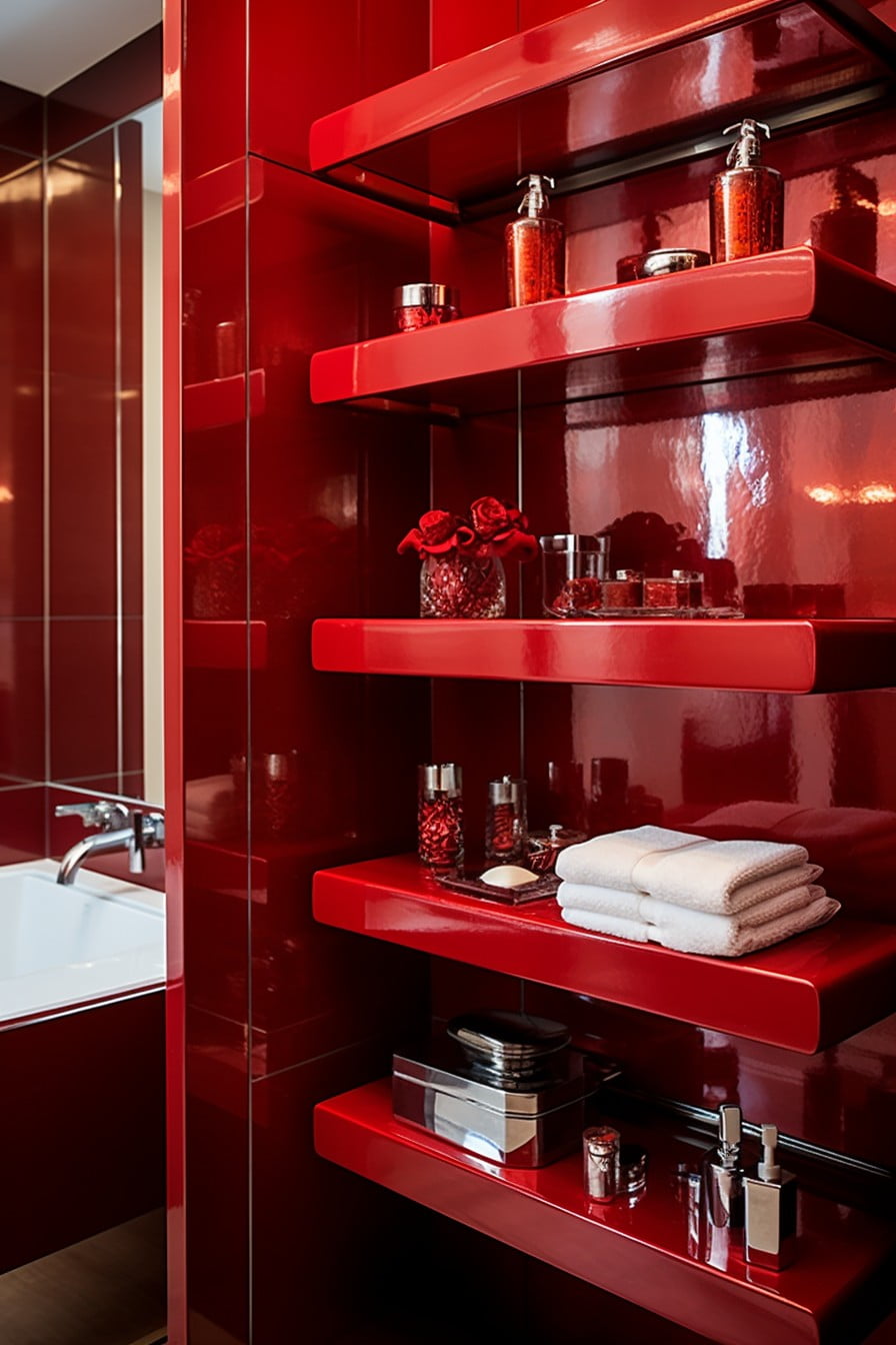 shiny red bathroom shelving