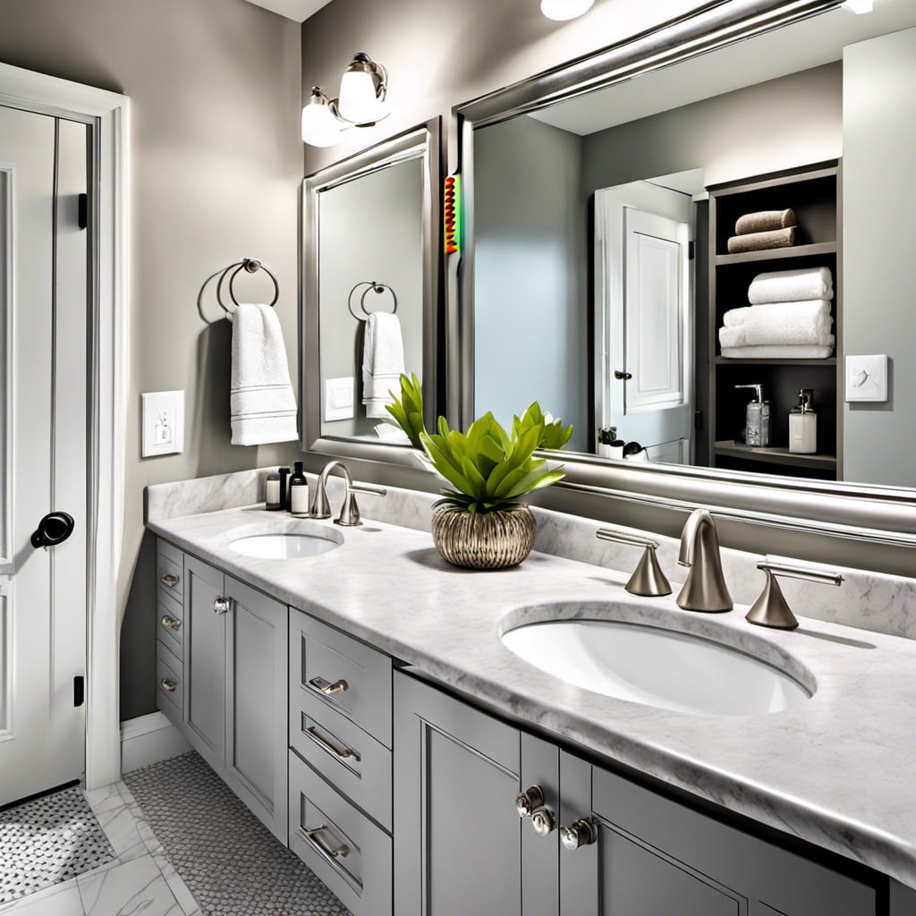 silver framed mirror with grey vanity