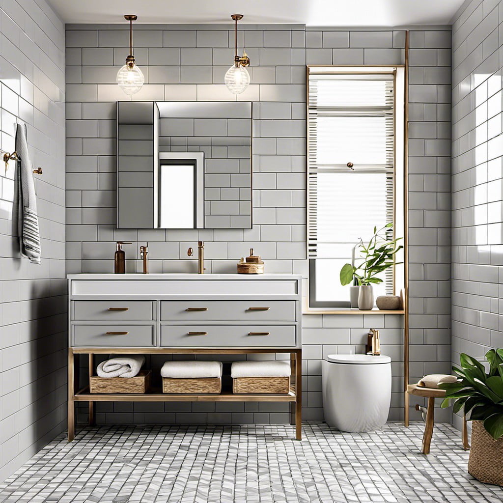 subway tiles wall surrounding light grey vanity