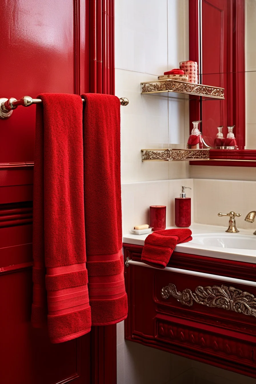 towel rack with red detailing