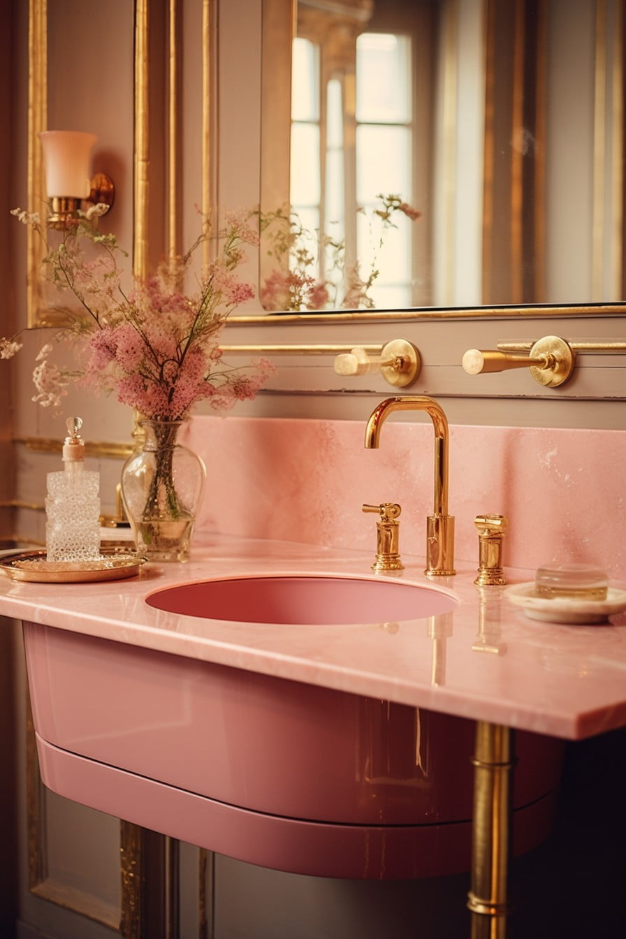 vintage gold fittings with a pastel pink sink
