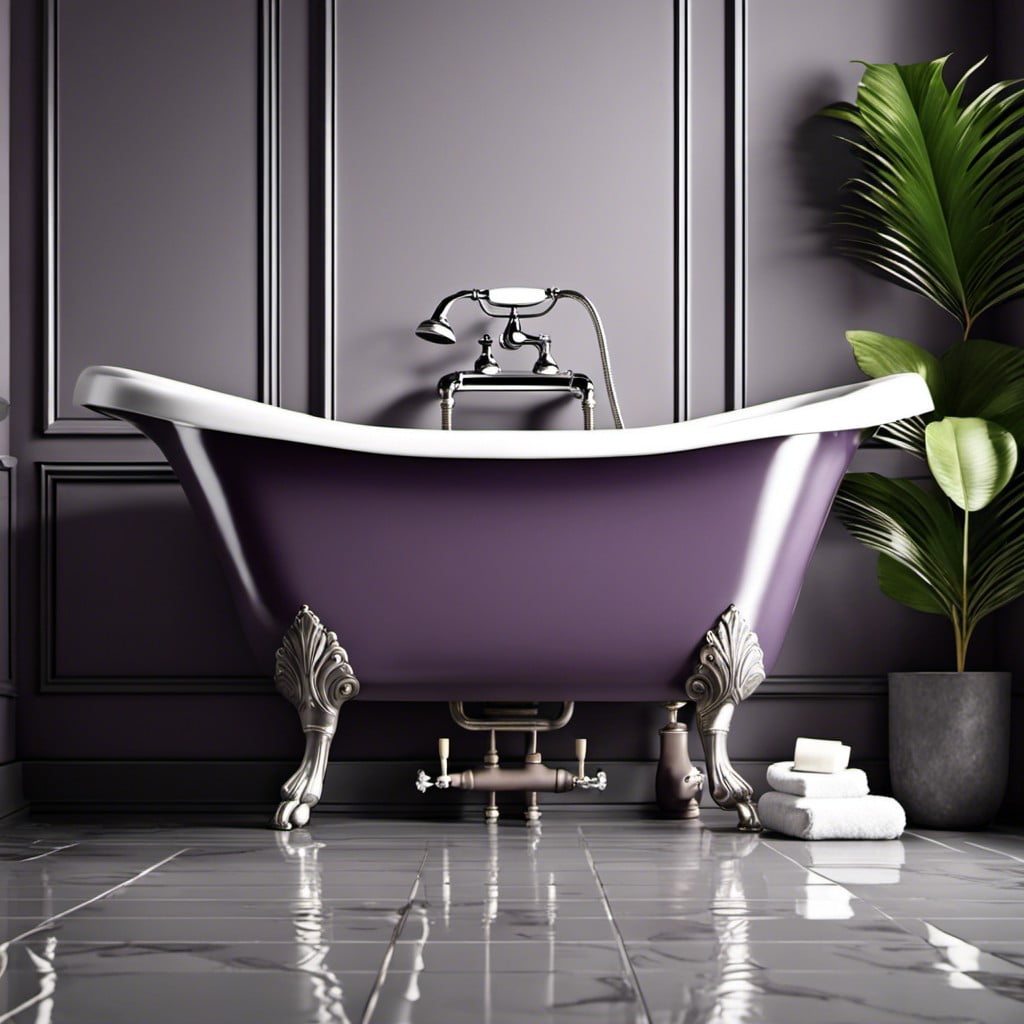 vintage purple clawfoot tub in a gray room