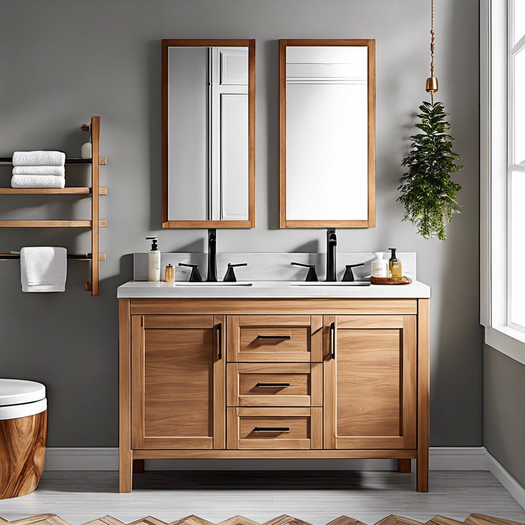 warm wood accents against light grey vanity