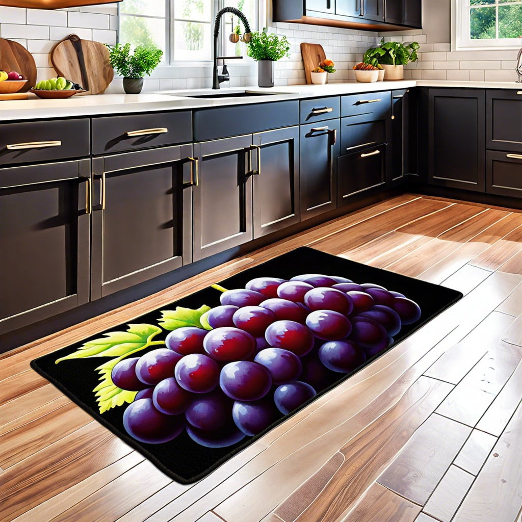 a doormat style rug with a simple grape design