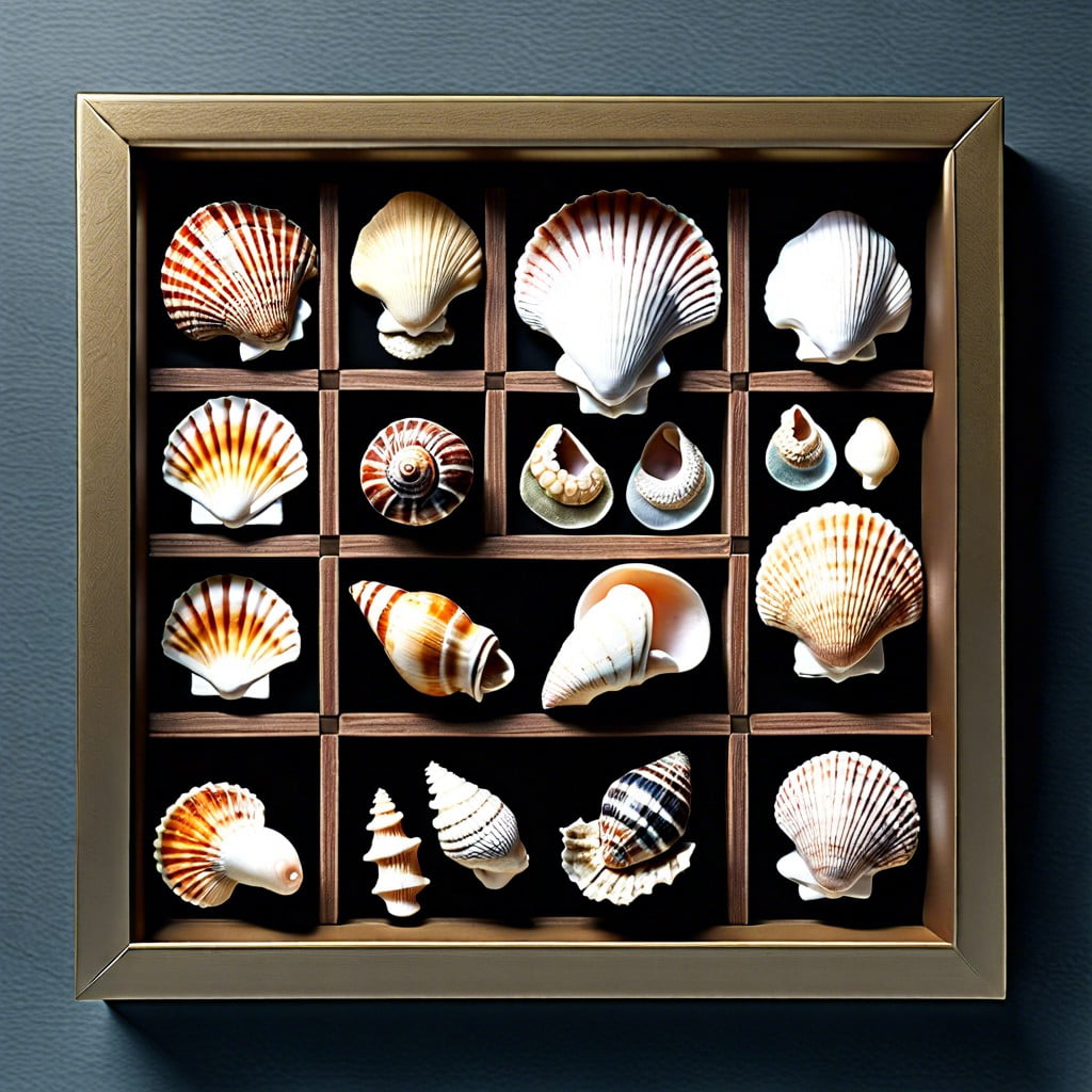 a shadow box of seashells