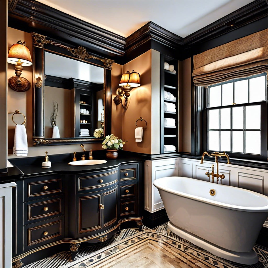antique style bathroom with black wooden countertop