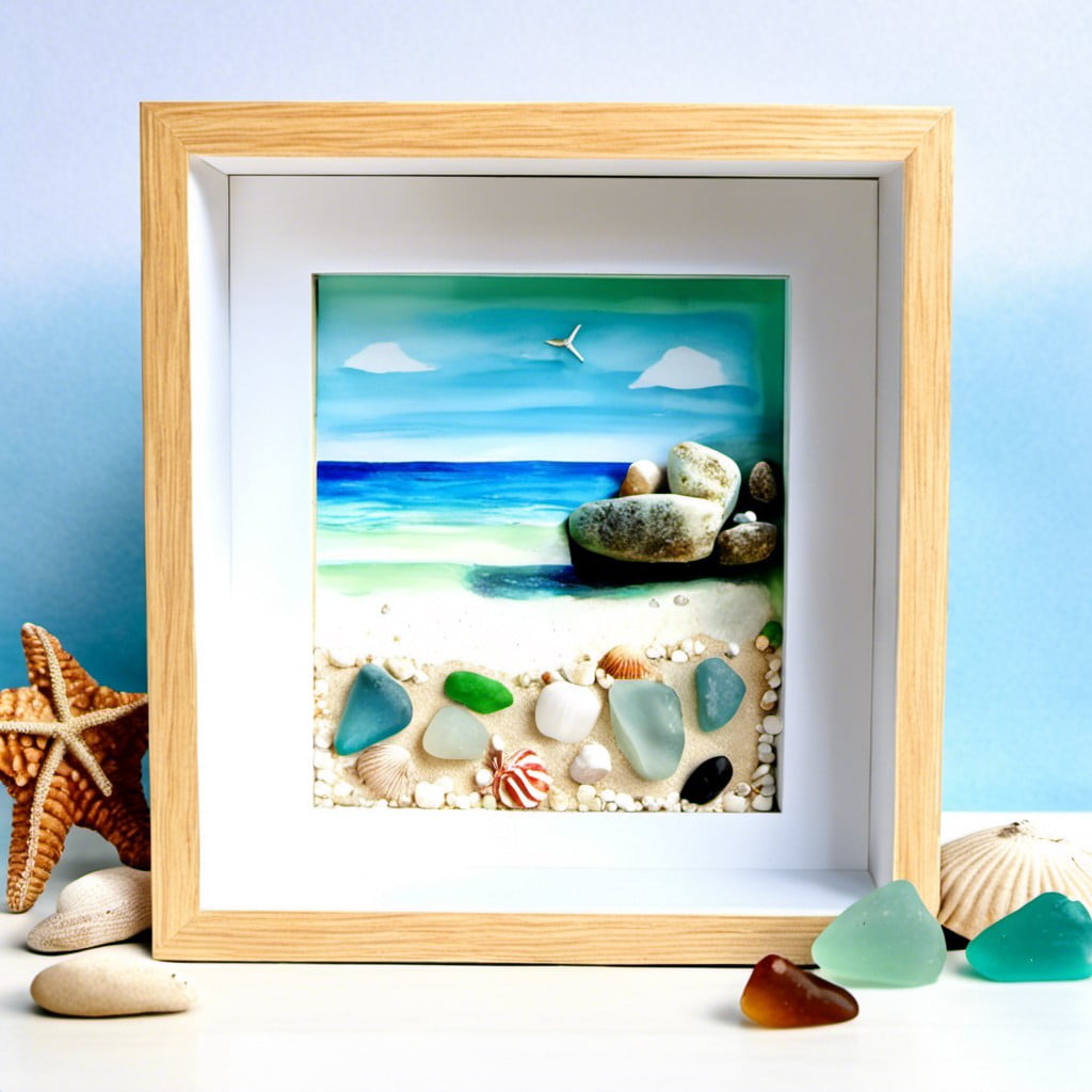 beach themed deep box frame with sea glass