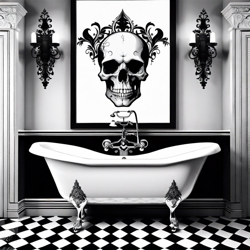black and white clawfoot tub with skulls design