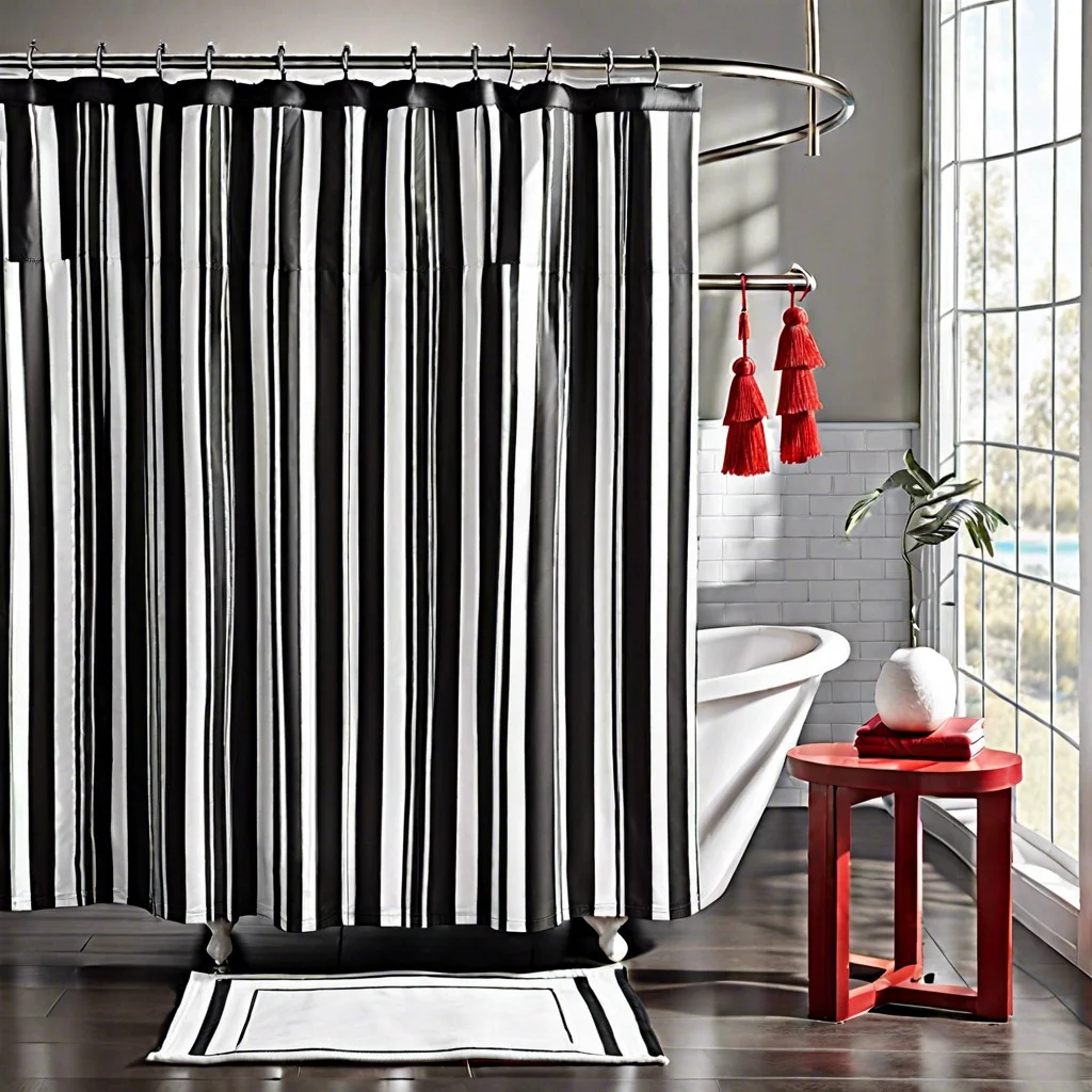black and white striped shower curtain with red tassels