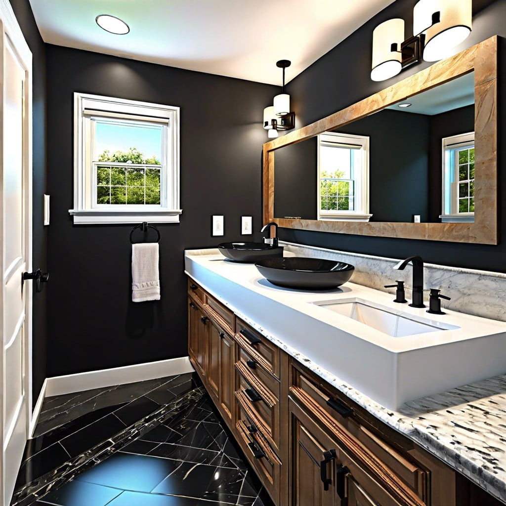 black granite countertop with double sinks for a master bathroom