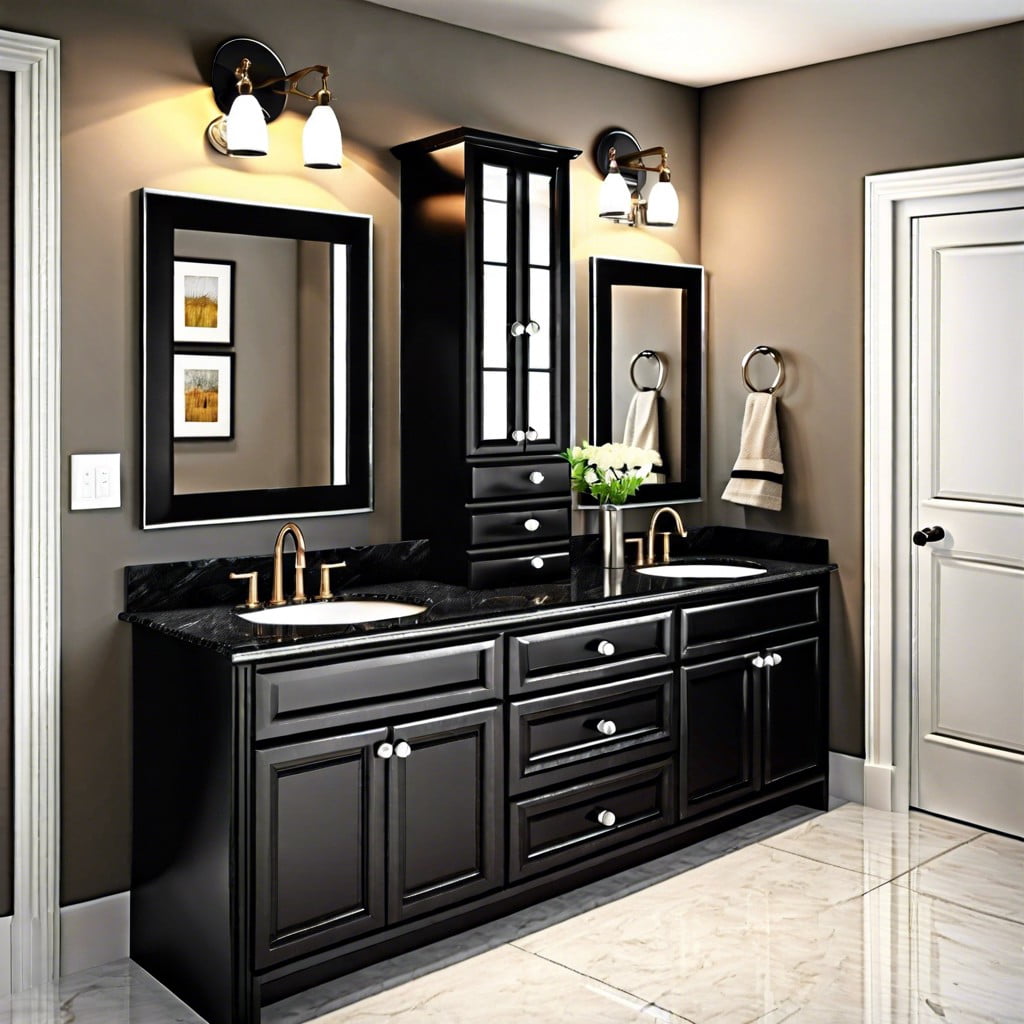 black granite countertop with white cabinets