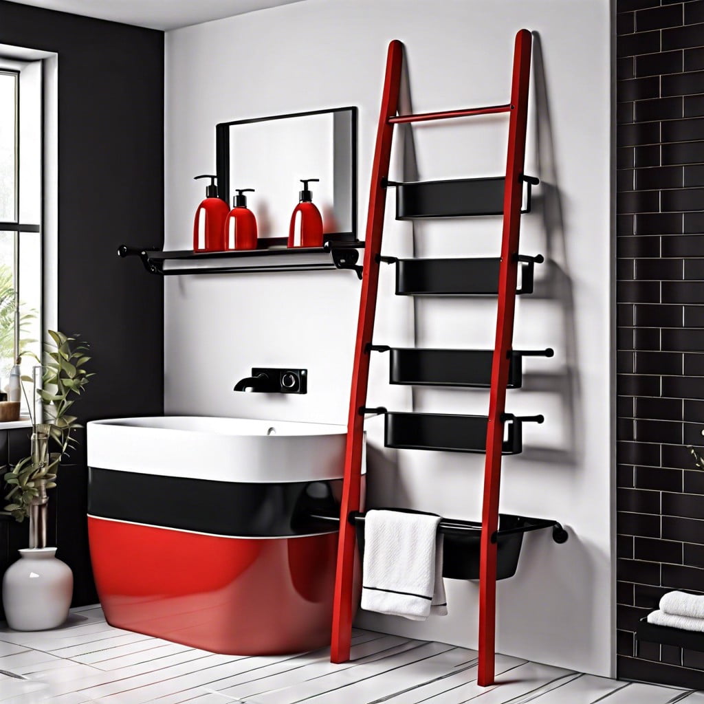 black ladder shelving with white and red decoratives