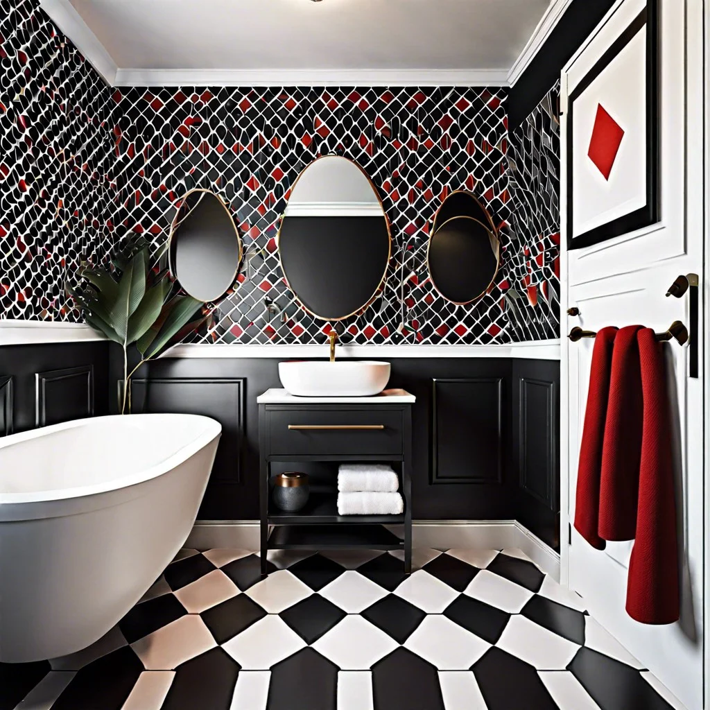 black wallpaper with white and red geometric patterns