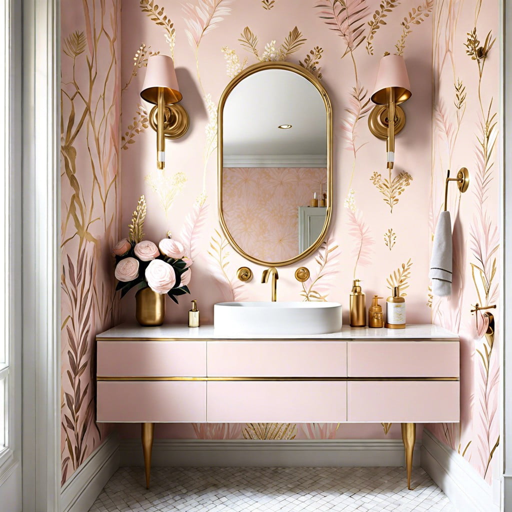 blush pink wallpaper with subtle gold accents