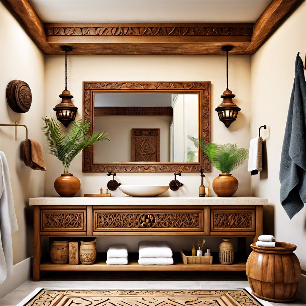 carved wooden vanity with cultural symbols