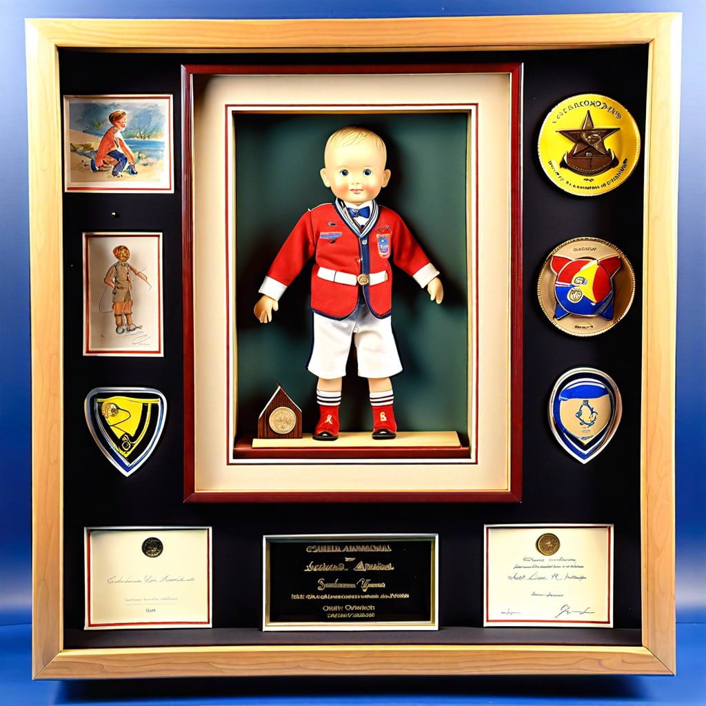 childhood memorabilia favorite toy school awards and drawings