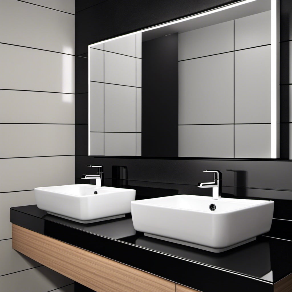 contrast colors white porcelain sinks on a black countertop