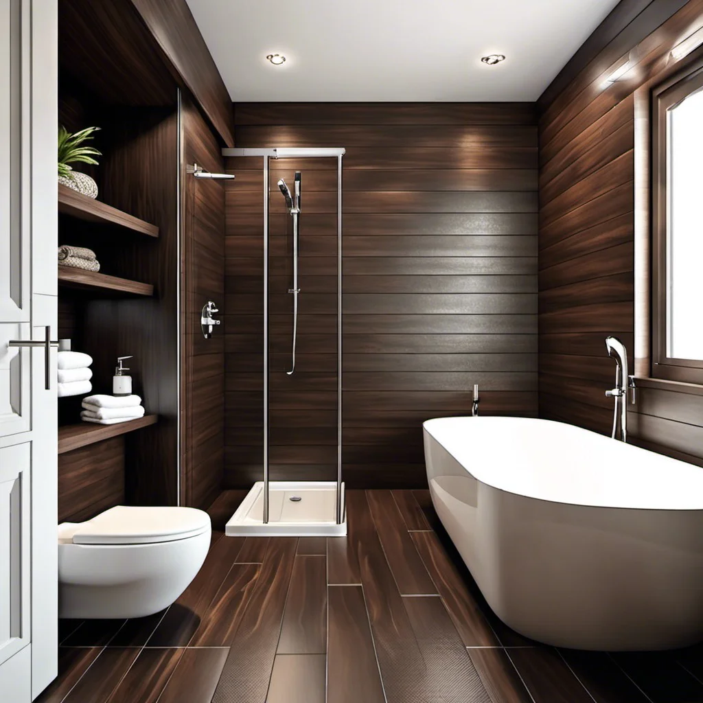 contrast dark wooden tiles with white fixtures