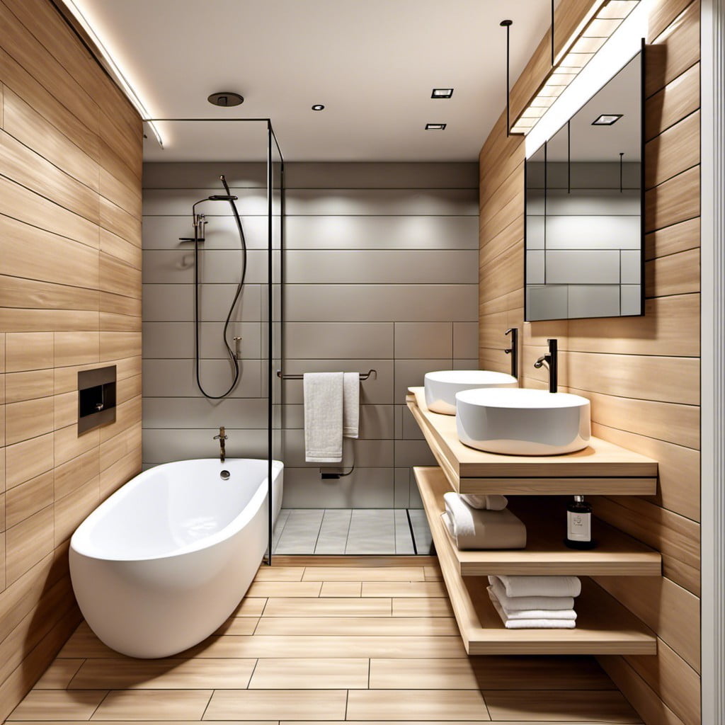 contrast light wooden tiles with metallic fixtures