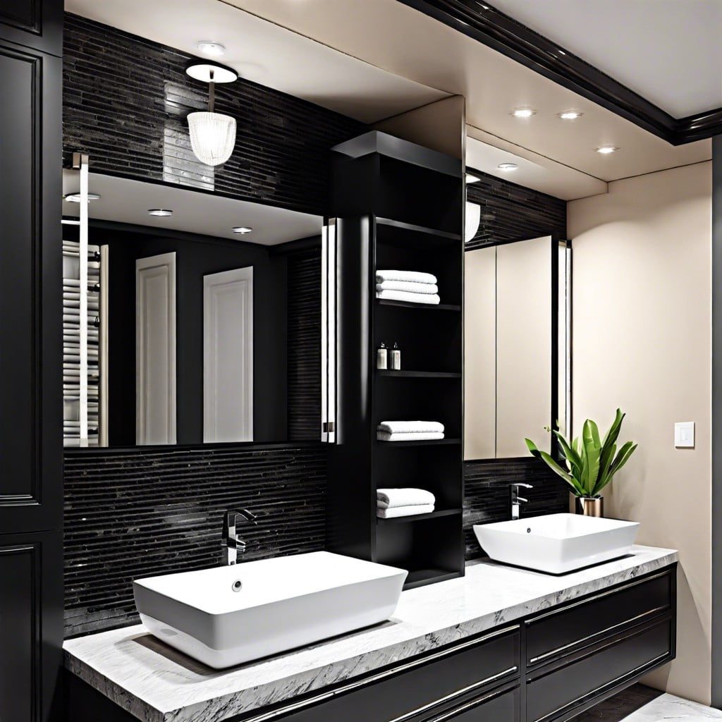 contrasting white fixtures with black granite walls