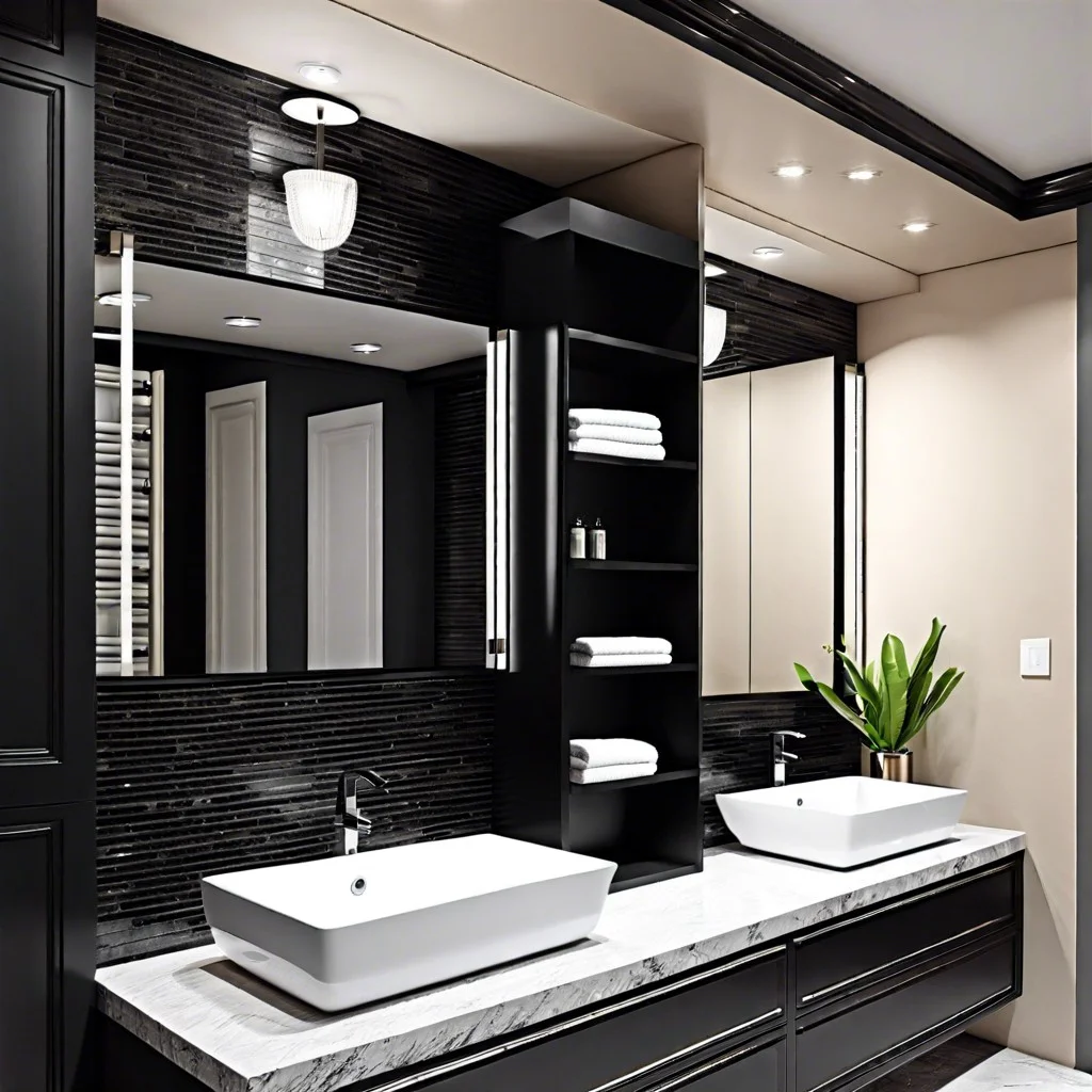 contrasting white fixtures with black granite walls