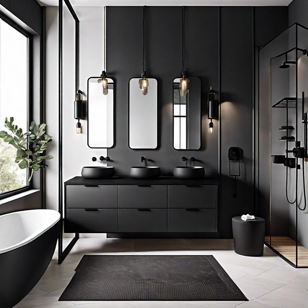 dark countertop with matte black faucets