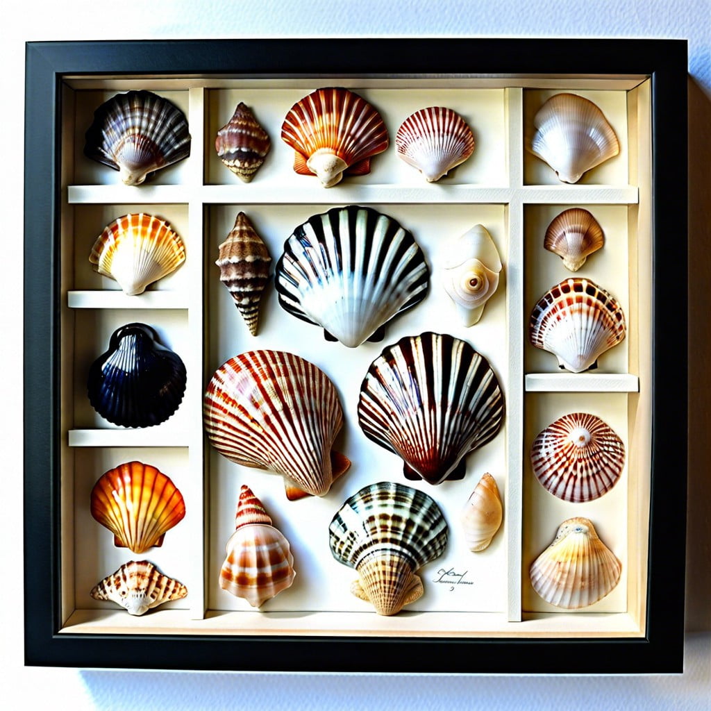 display of exotic seashells with labels