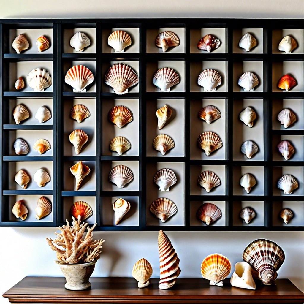 display of seashells sorted by size or color