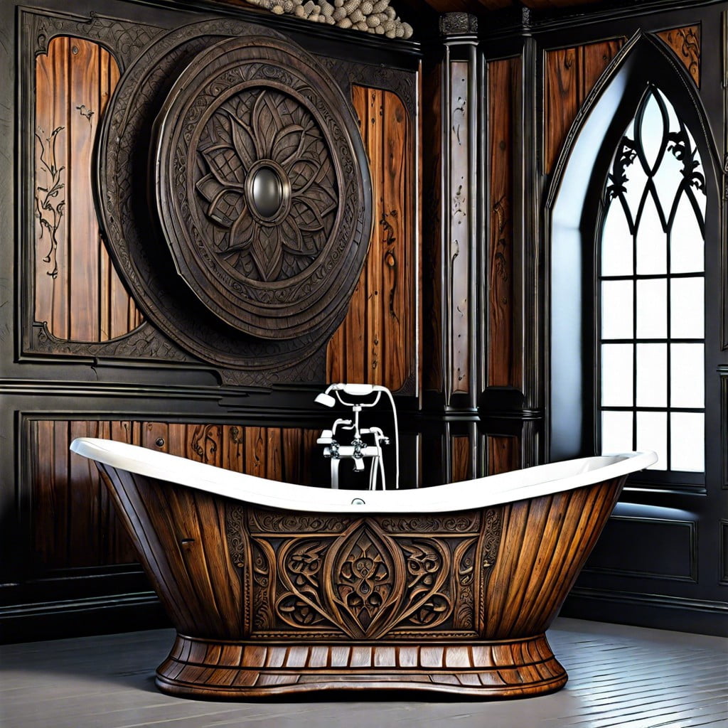 distressed wood bathtub with gothic carvings