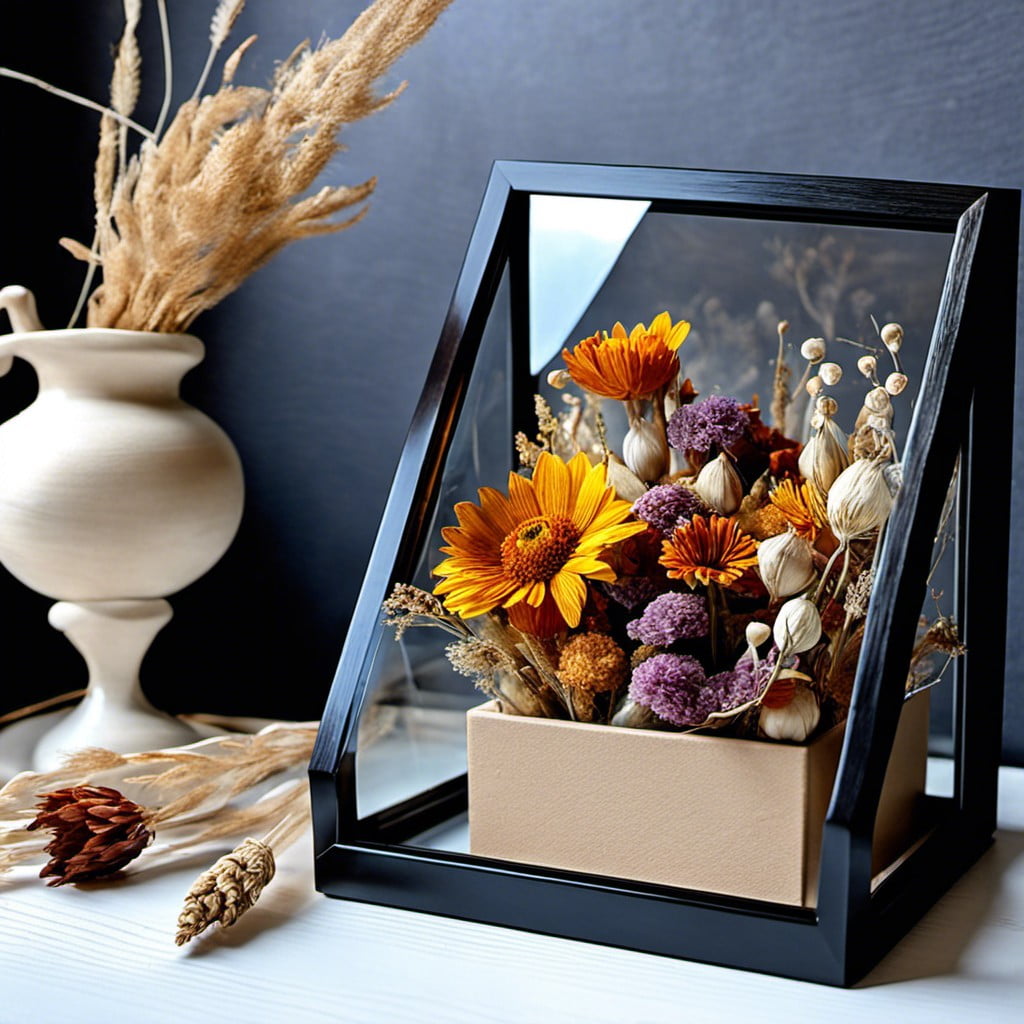 dried flower arrangement in a glass box frame