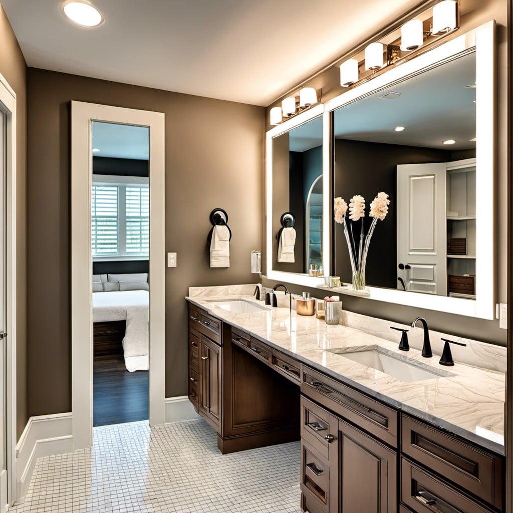 dual sinks separated by a makeup vanity