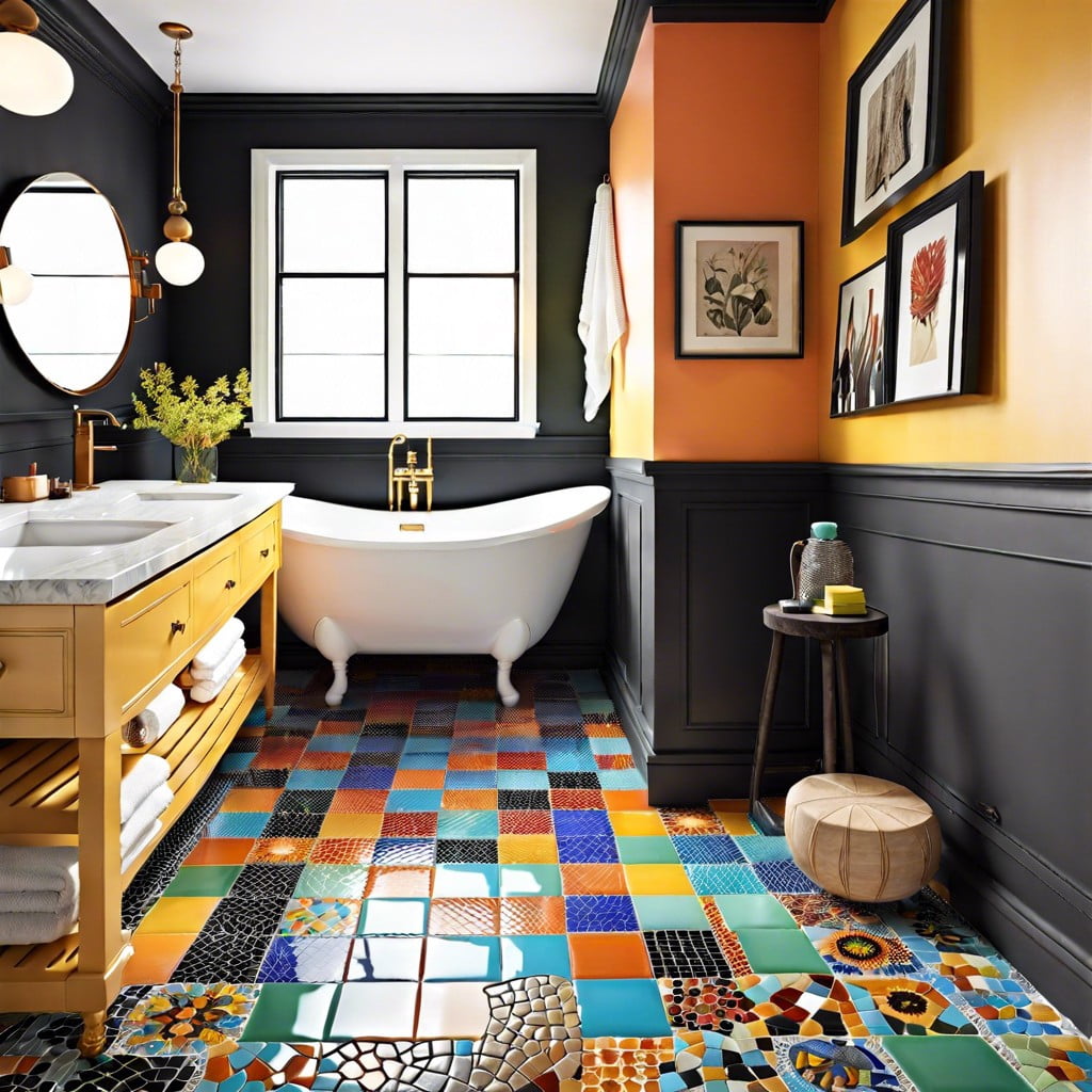 eclectic mix of black countertop with colorful mosaic tiles