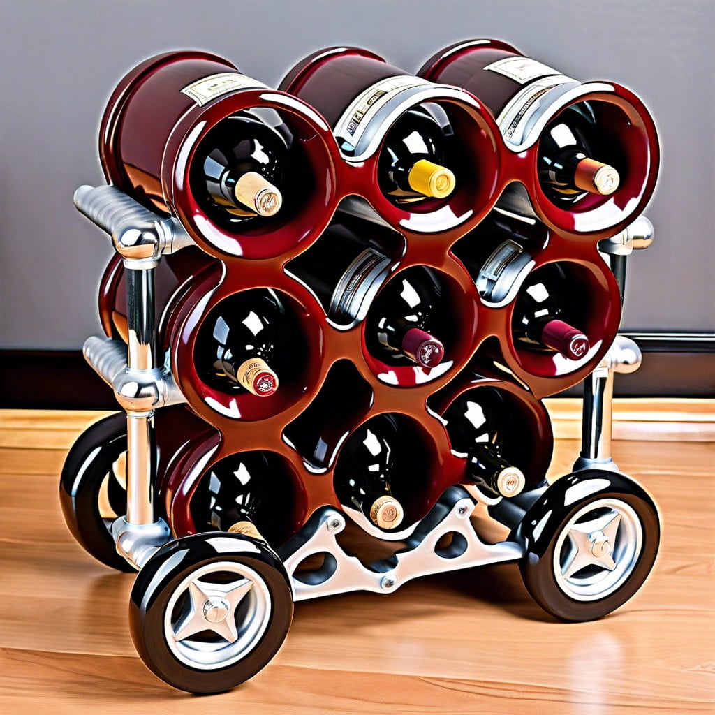 engine block wine rack with wheels