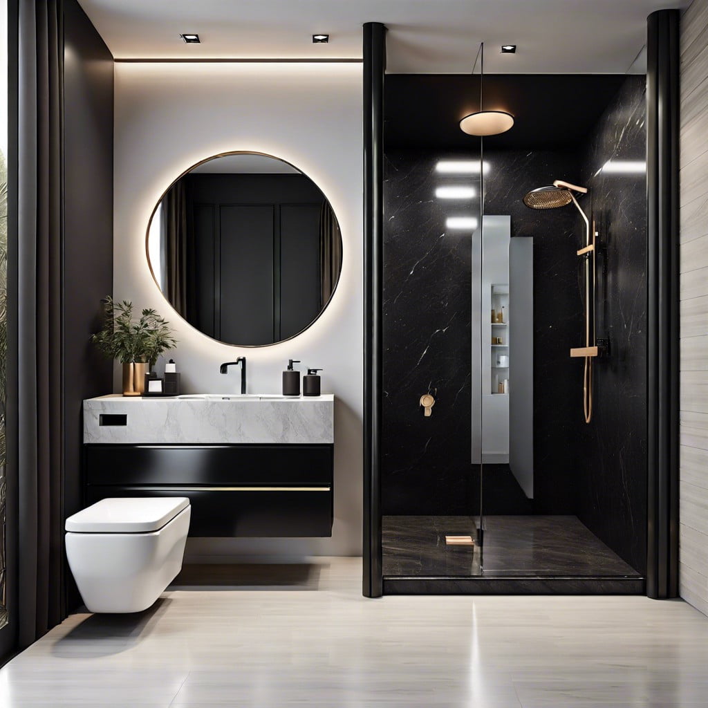 floor to ceiling black granite in a minimalistic bathroom