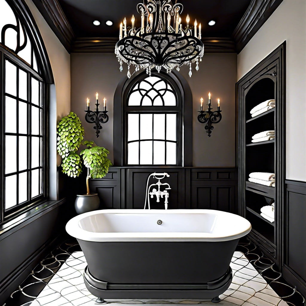 freestanding gothic ironwork tub with matching chandelier