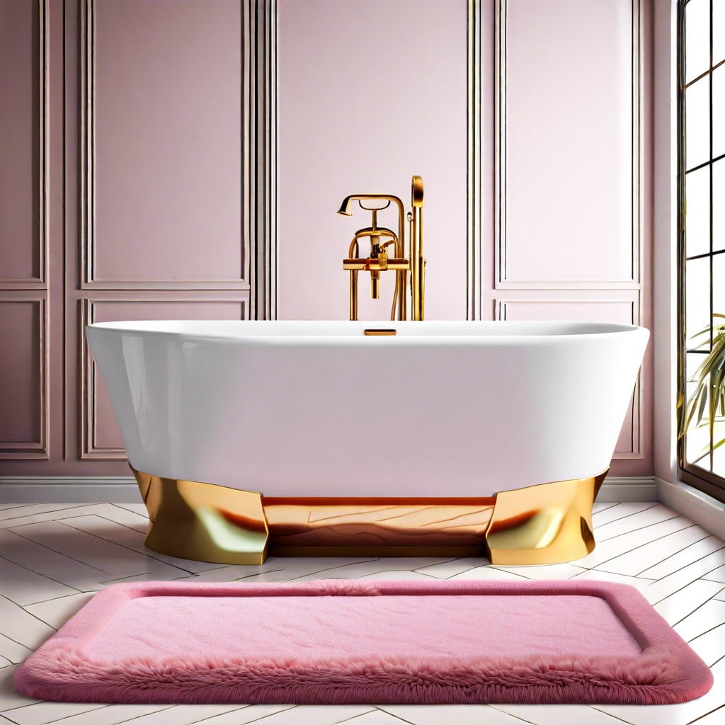 gold freestanding tub with pink bath mat