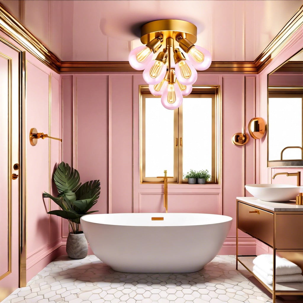 gold light fixtures on a pink ceiling