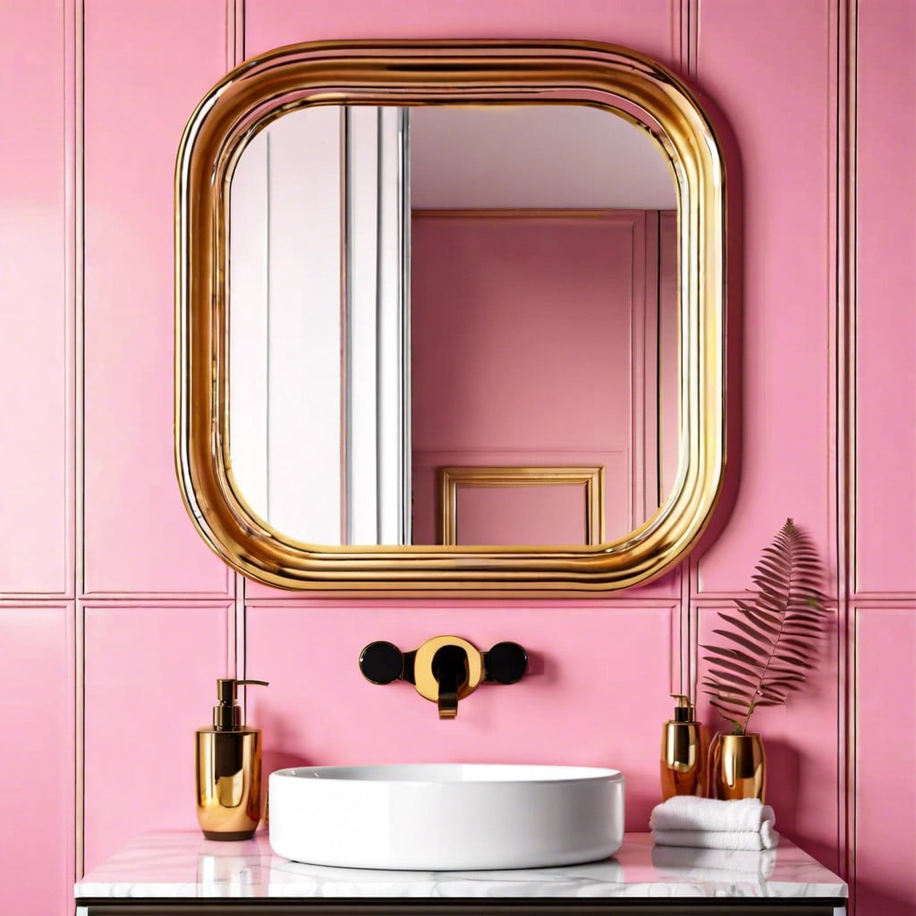 gold rimmed mirror on a pink wall