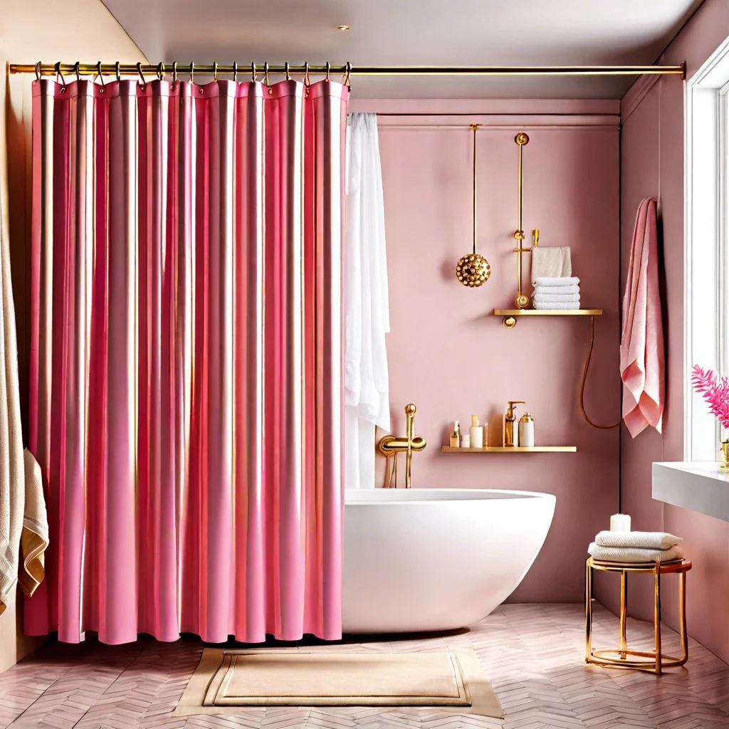 gold shower curtain rods with pink curtains