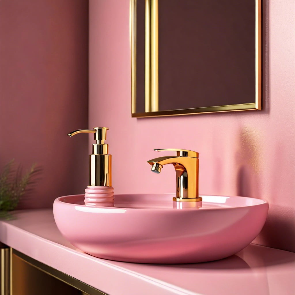 gold soap dispenser on a pink sink