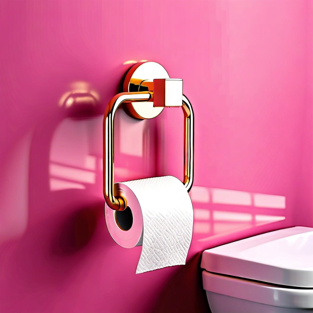 gold toilet paper holder on pink wall