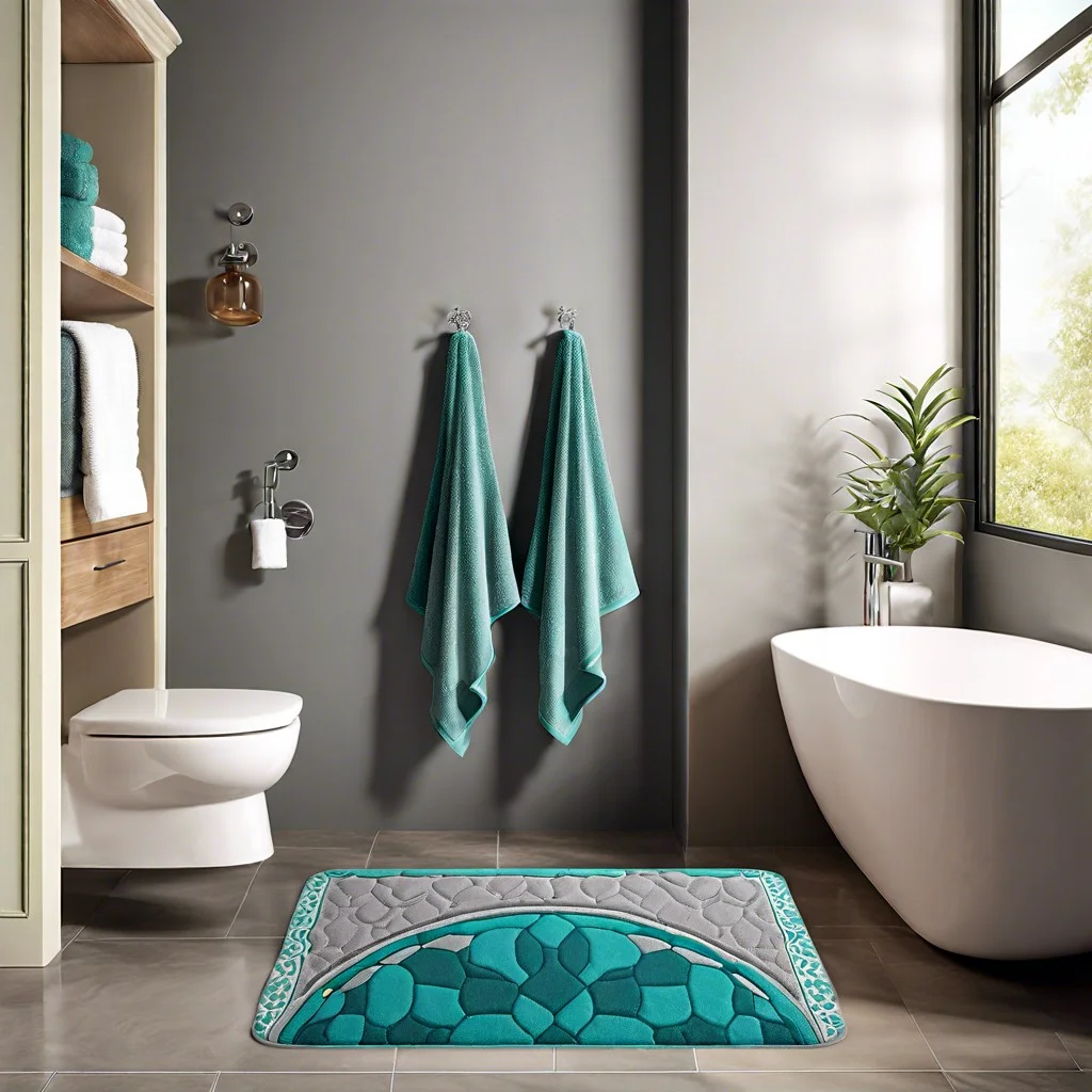 gray and teal printed bath mats