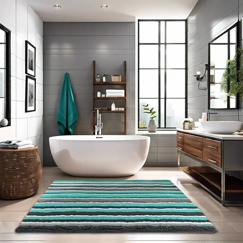 gray and teal striped bathroom rugs