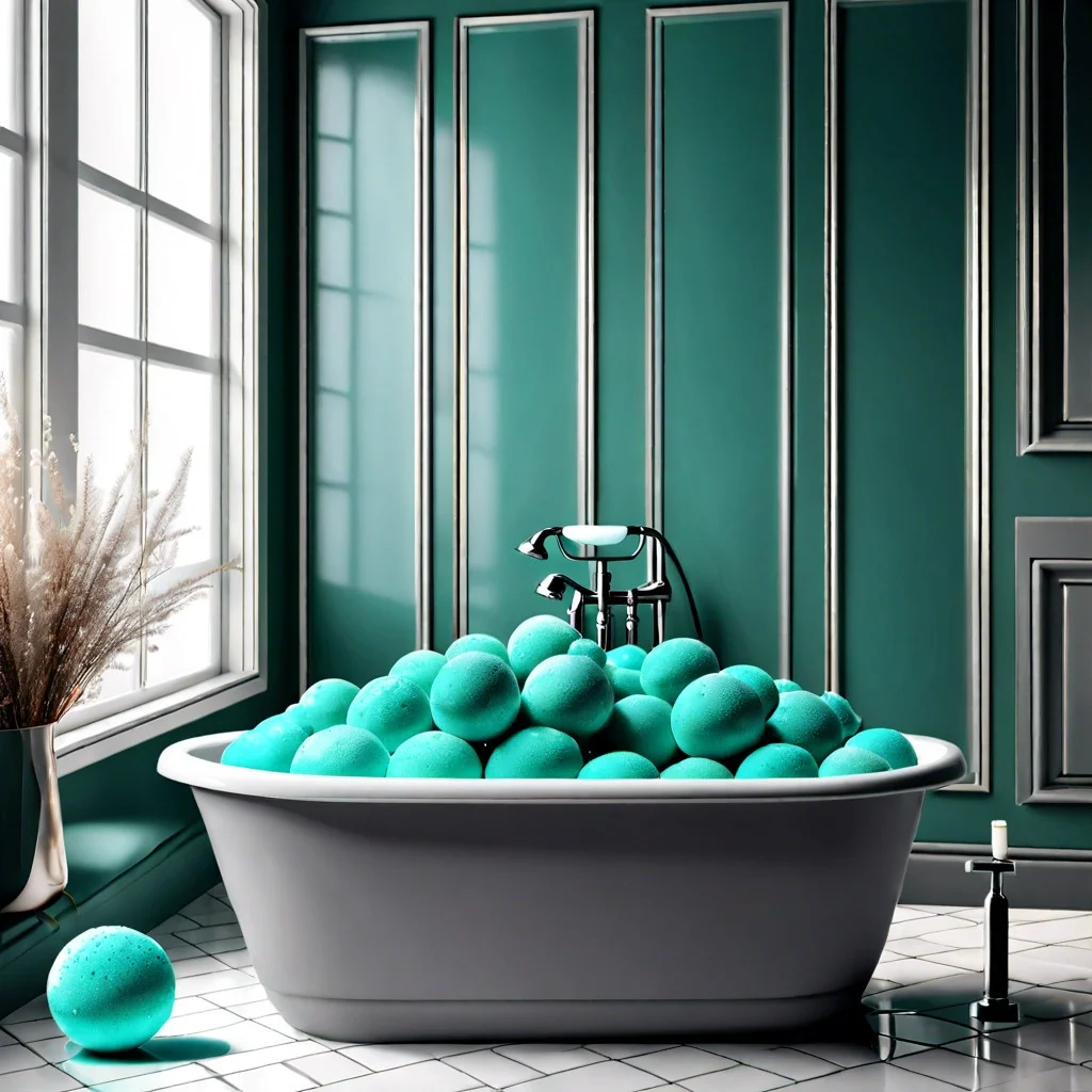 gray bathtub with teal bath bombs