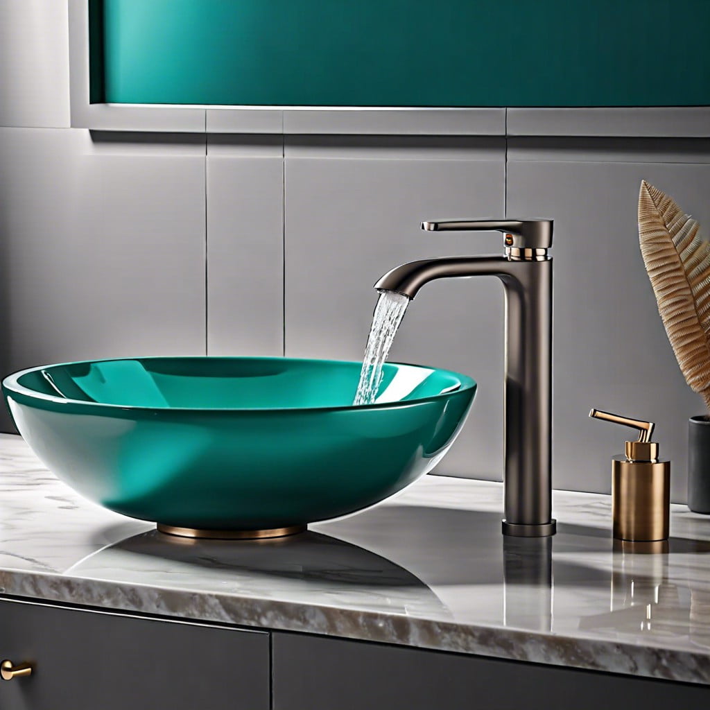 gray quartz sink top with teal faucets