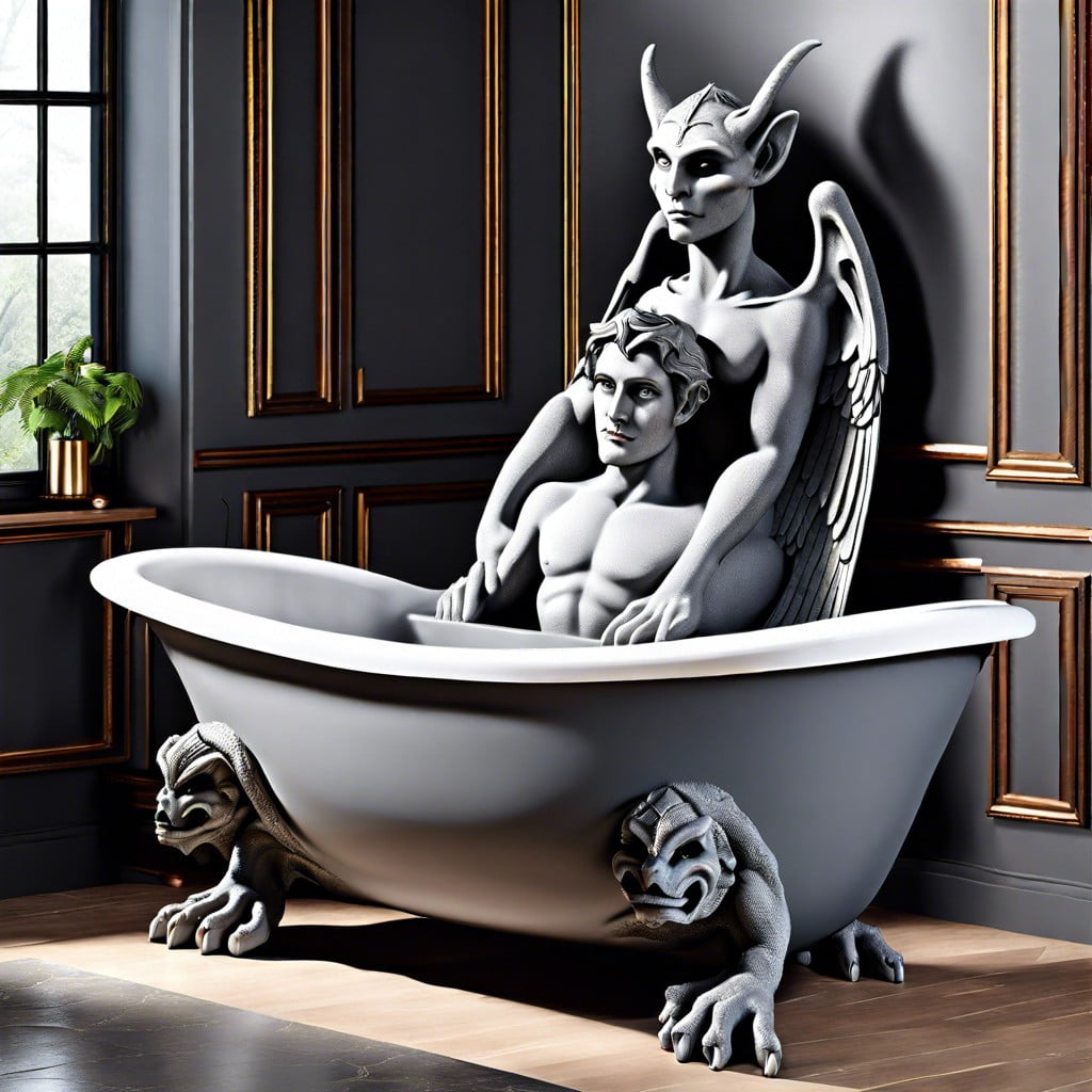 gray stone free standing tub with gargoyle statues
