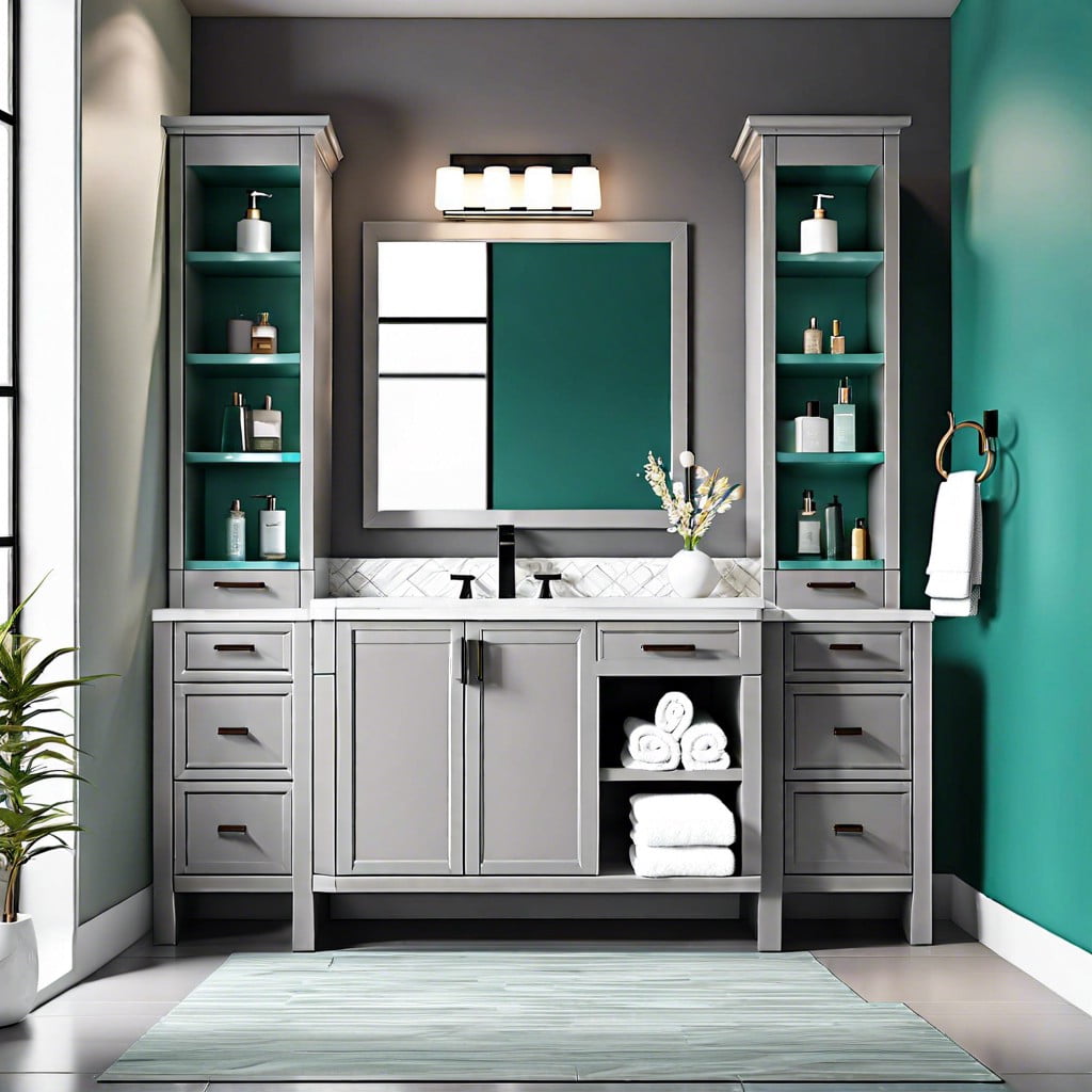 gray vanity with teal accessories