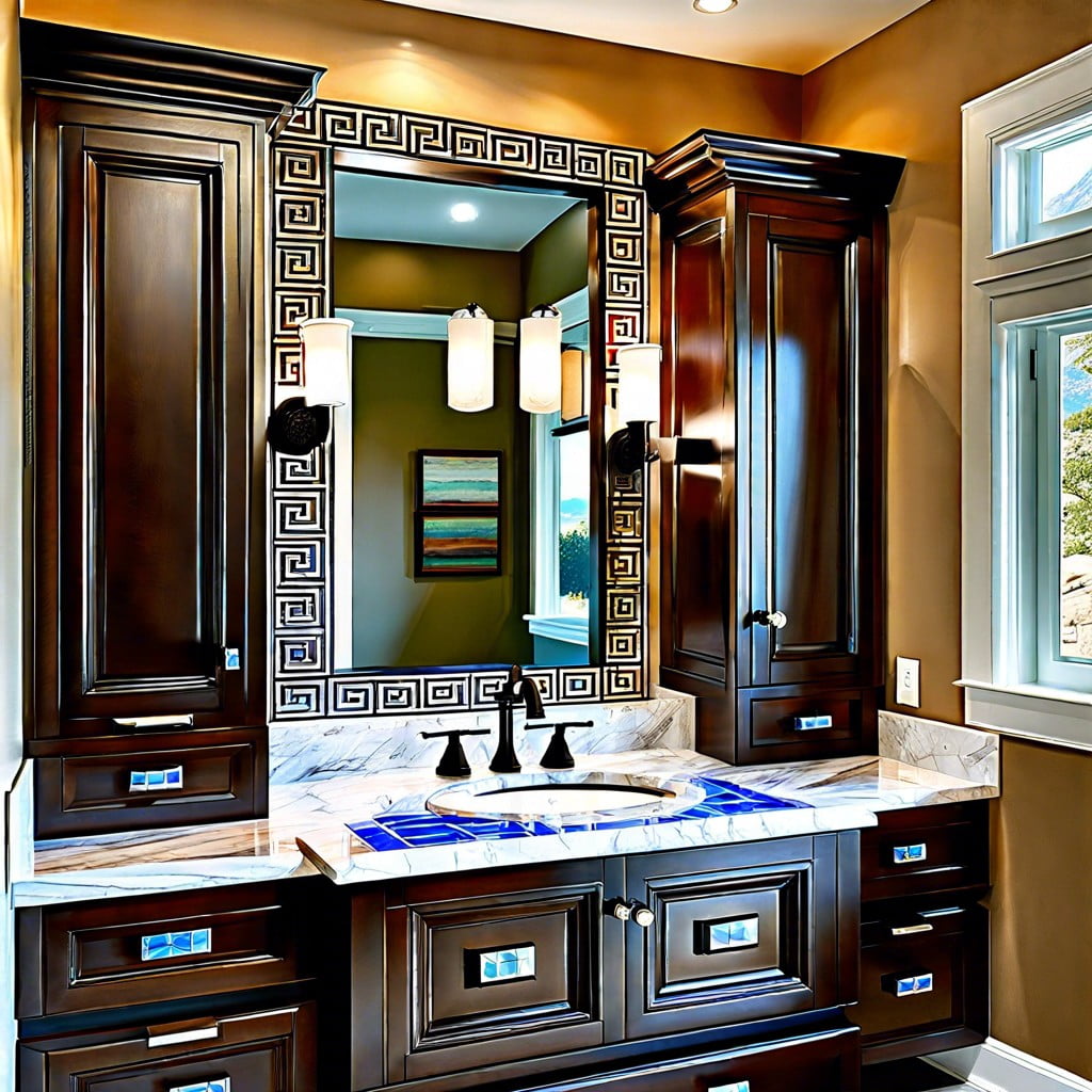 greek key motif on vanity drawers