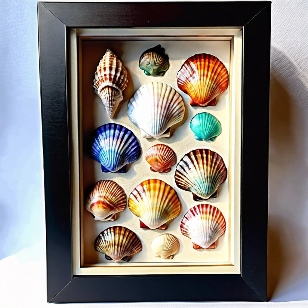 hand painted seashells in a colorful display
